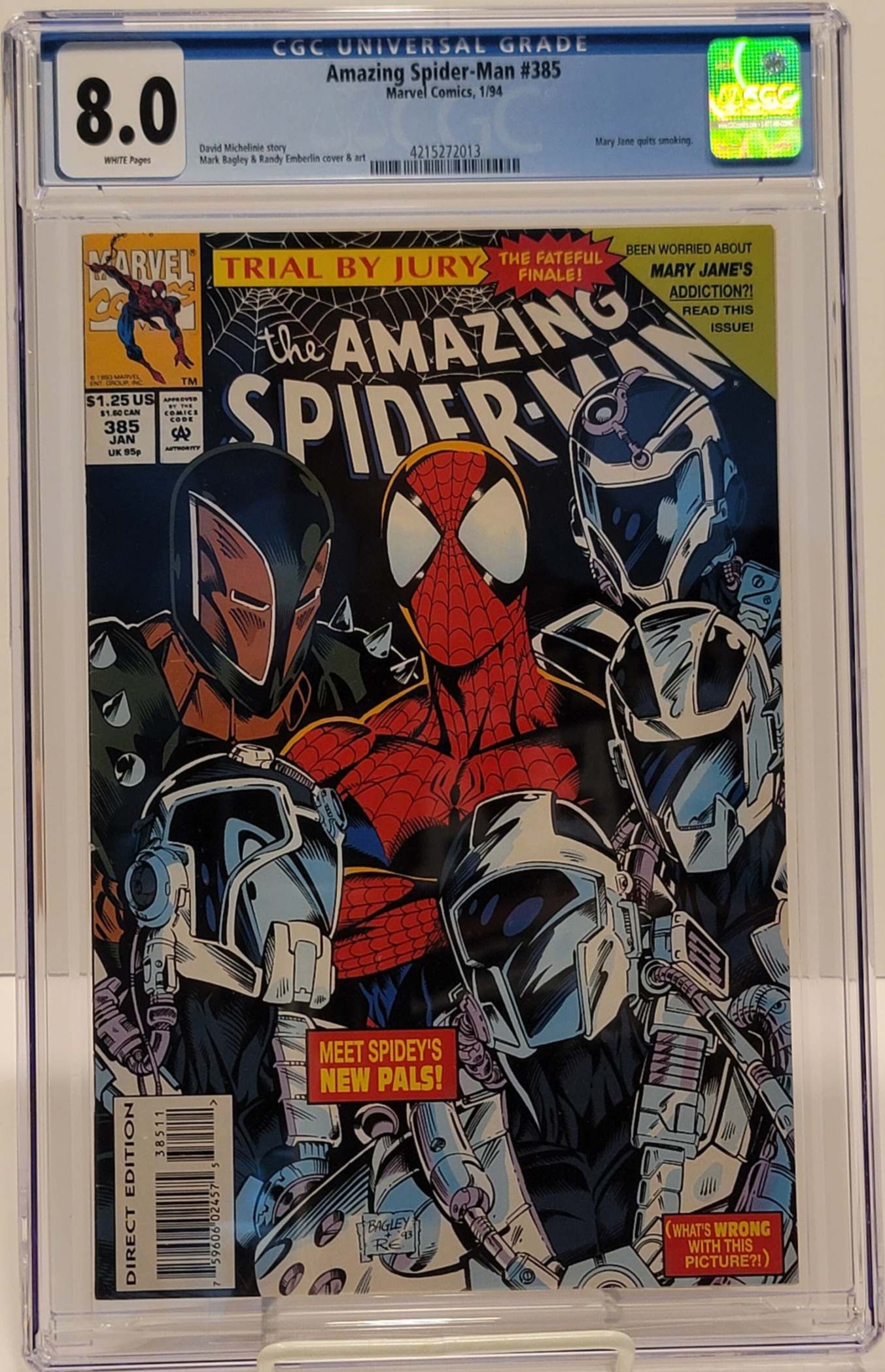 Amazing Spider-Man #385 comic book with a cover featuring Spider-Man and a group of characters in a futuristic setting, graded 8.0 by CGC.