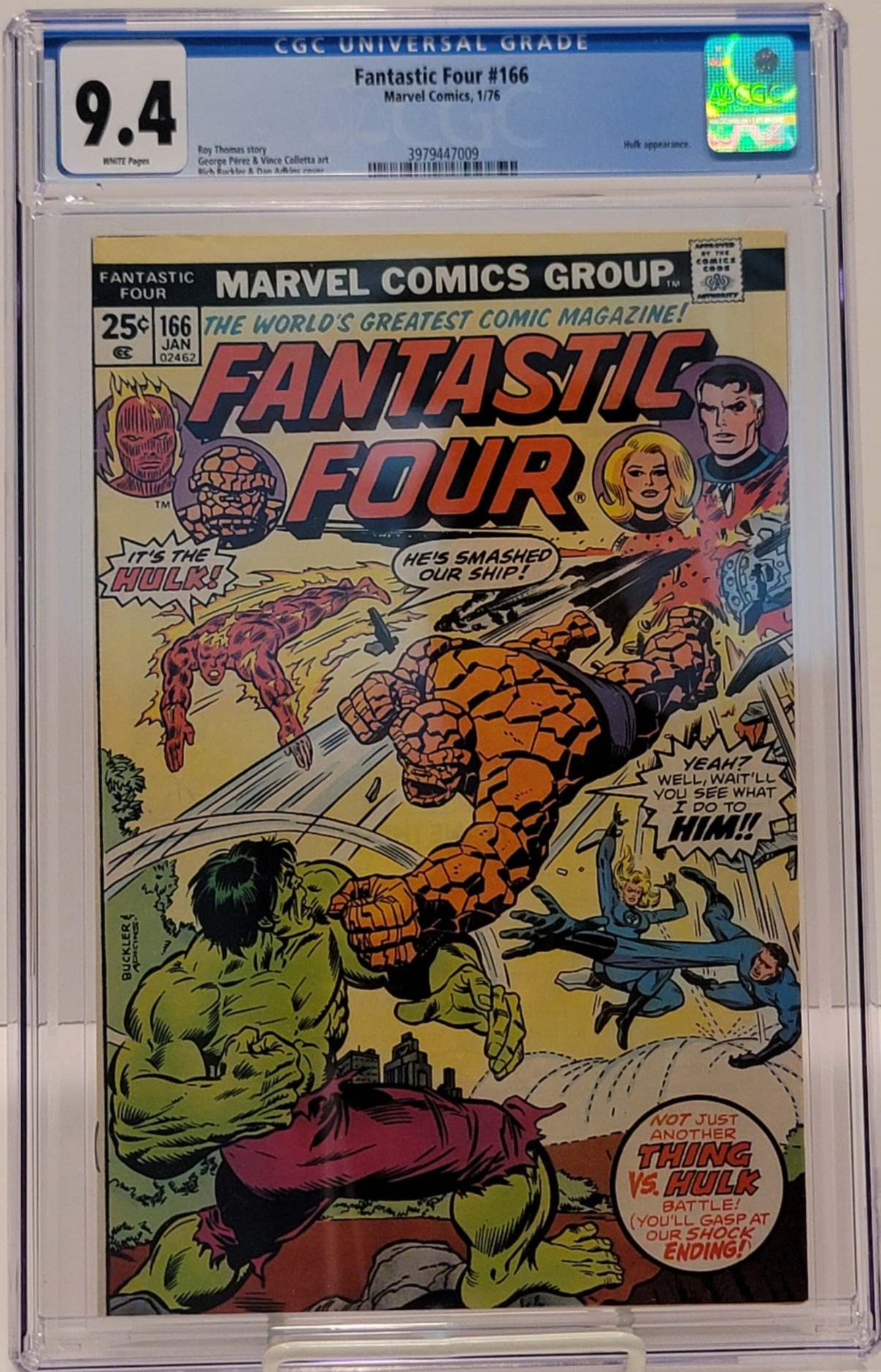 Fantastic Four #166 comic book cover, featuring artwork with multiple characters, including the Hulk, displayed in a protective plastic case with a label indicating the issue number and Marvel Comics Group.