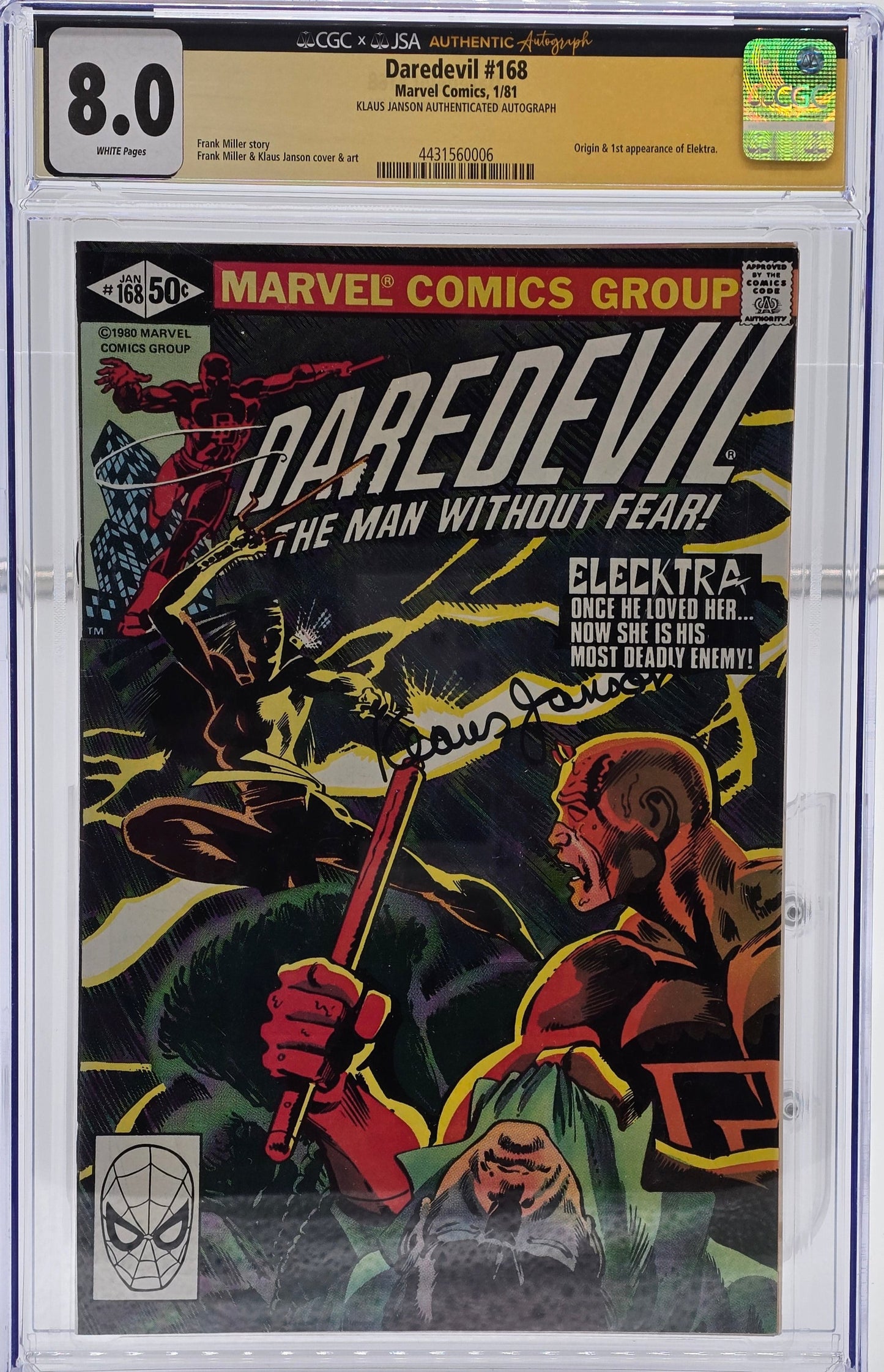 Daredevil n.° 168: firma autenticada de Klaus Janson CGC x JSA 8.0