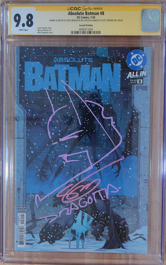 Absolute Batman Vol 1 #8 - CGC SS 9.8 - 2nd Printing - Signed by Dragotta and Snyder - Pink Ink Remarqued by Dragotta