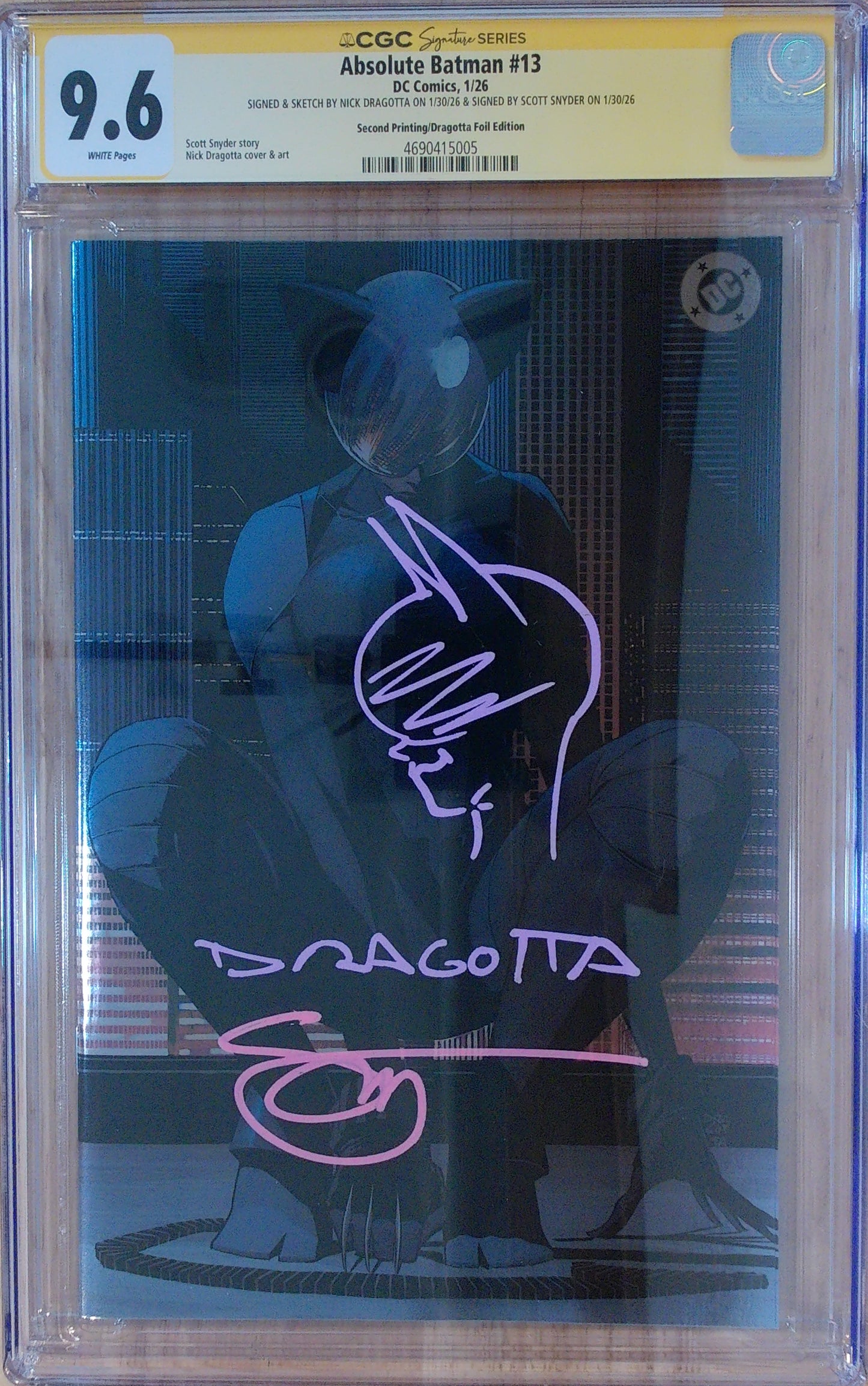 Absolute Batman Vol 1 #13 - CGC SS 9.6 - 2nd Printing Foil - Signed by Dragotta and Snyder - Pink Ink Remarqued by Dragotta
