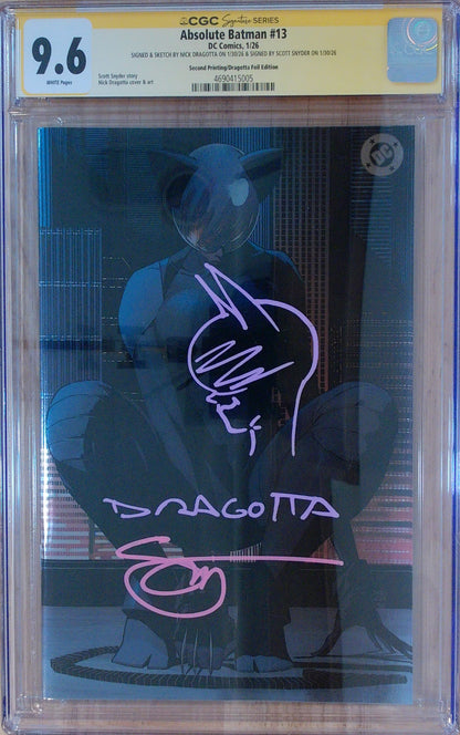 Absolute Batman Vol 1 #13 - CGC SS 9.6 - 2nd Printing Foil - Signed by Dragotta and Snyder - Pink Ink Remarqued by Dragotta