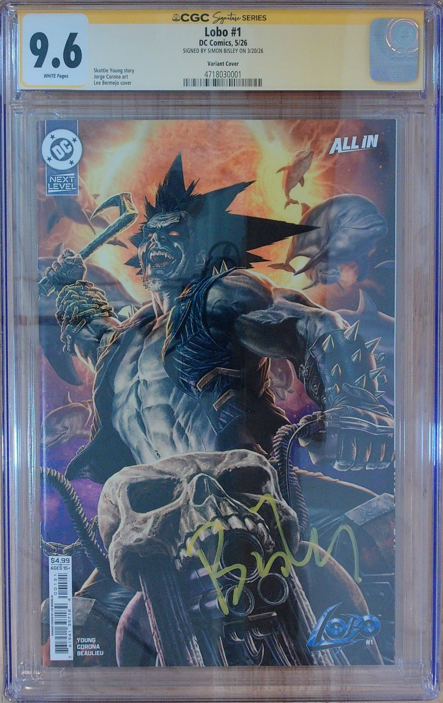 Lobo Vol 4 #1 - CGC SS 9.6 - Cover B Lee Bermejo Card Stock Variant - Signed by Simon Bisley