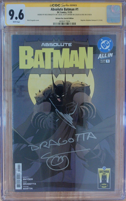 Absolute Batman Vol 1 #1 - Batman Day Edition - CGC SS 9.6 - Signed by Scott Snyder, Nick Dragotta and Jock