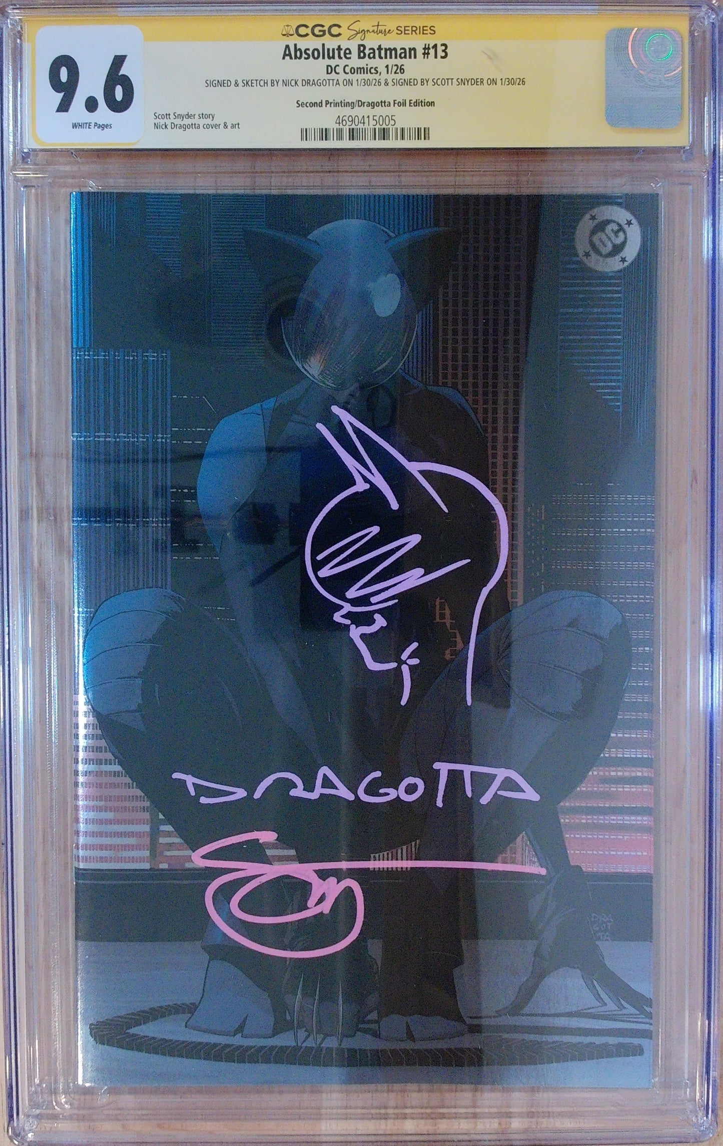 Absolute Batman Vol 1 #13 - CGC SS 9.6 - 2nd Printing Foil - Signed by Dragotta and Snyder - Pink Ink Remarqued by Dragotta